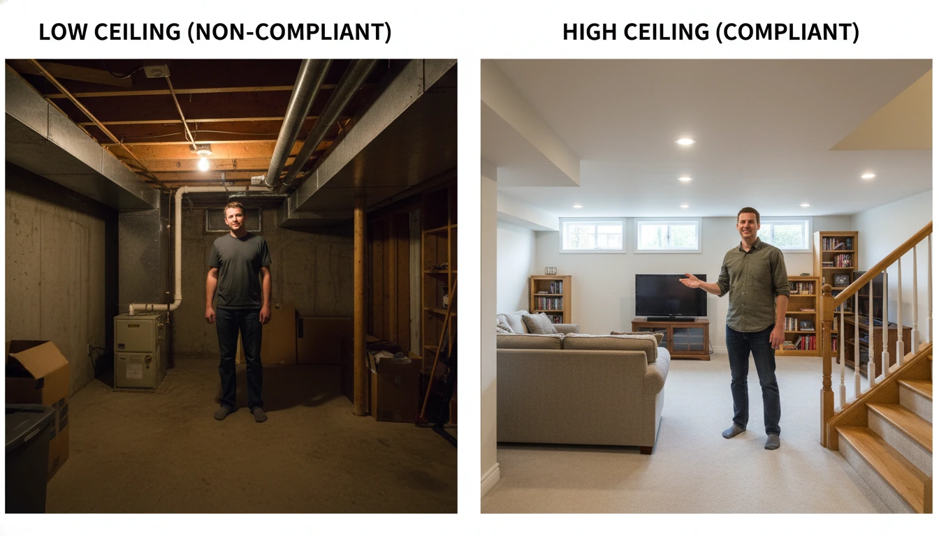 Side-by-side comparison of basement ceilings showing one with low headroom and one with adequate height according to building code standards.