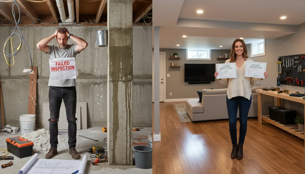 Contrast between a failed basement renovation with unfinished work and a successful, fully-renovated basement that passed inspection with proper permits.