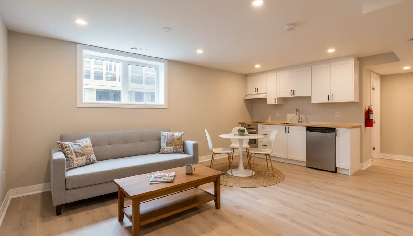 Bright legal basement apartment living room in Brampton with smoke alarm, carbon monoxide detector, fire extinguisher, and egress window