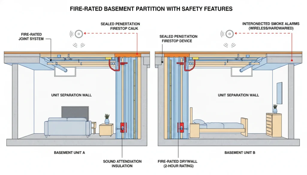 Diagram illustrating fire-rated drywall installation and interconnected smoke alarms for basement safety compliance.