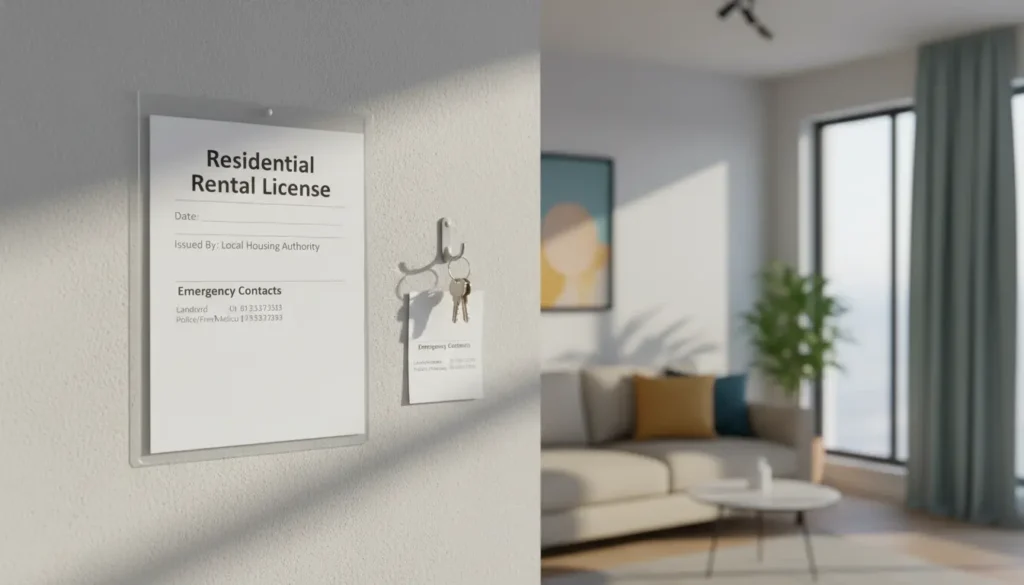 Residential rental license posted visibly inside the rental unit