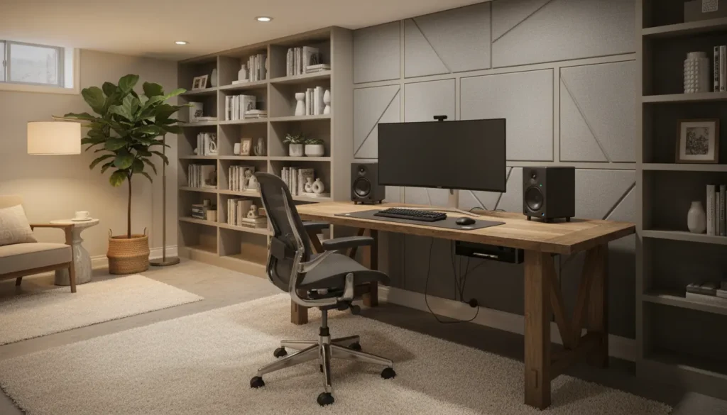 Modern finished basement home office with ergonomic desk, warm lighting, and built-in shelving in an Ontario home