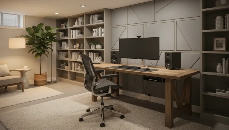 Modern finished basement home office with ergonomic desk, warm lighting, and built-in shelving in an Ontario home