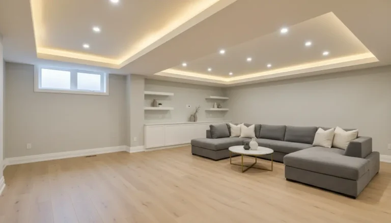 Bright modern finished basement family room renovation in Milton Ontario (GTA)