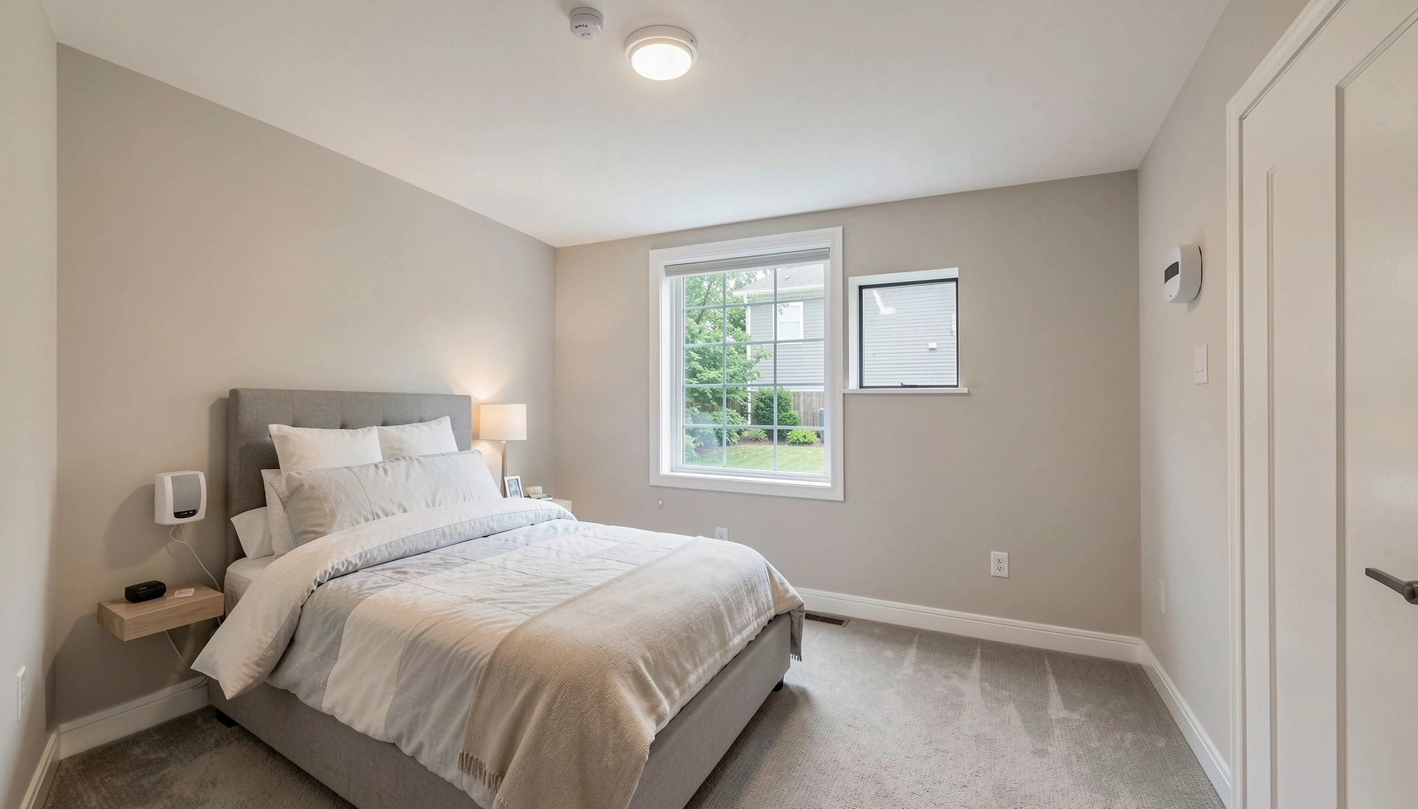 Legal basement fire safety in a basement bedroom with egress window, smoke alarm, and carbon monoxide detector