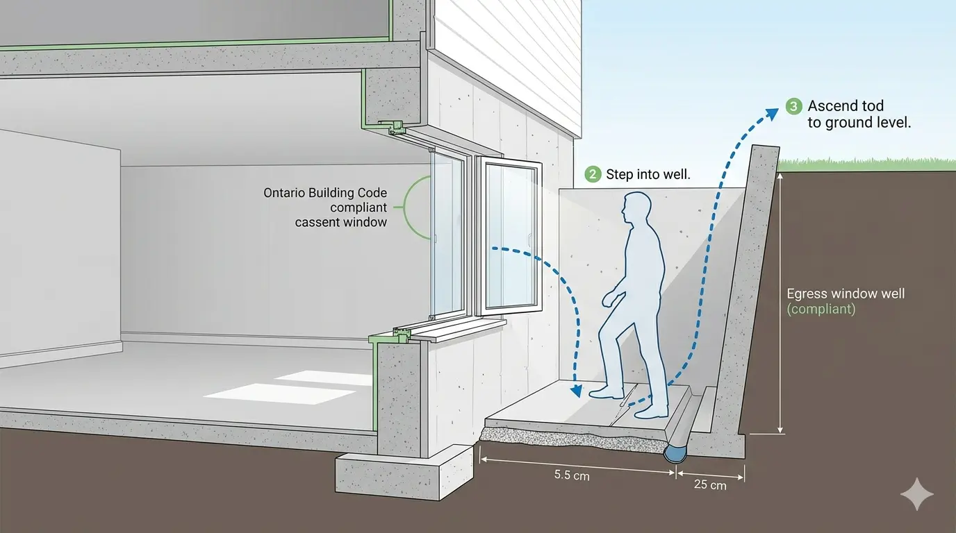 An architectural cross-section diagram illustrating a code-compliant egress window and window well installation for an Ontario basement, showing the emergency escape route.