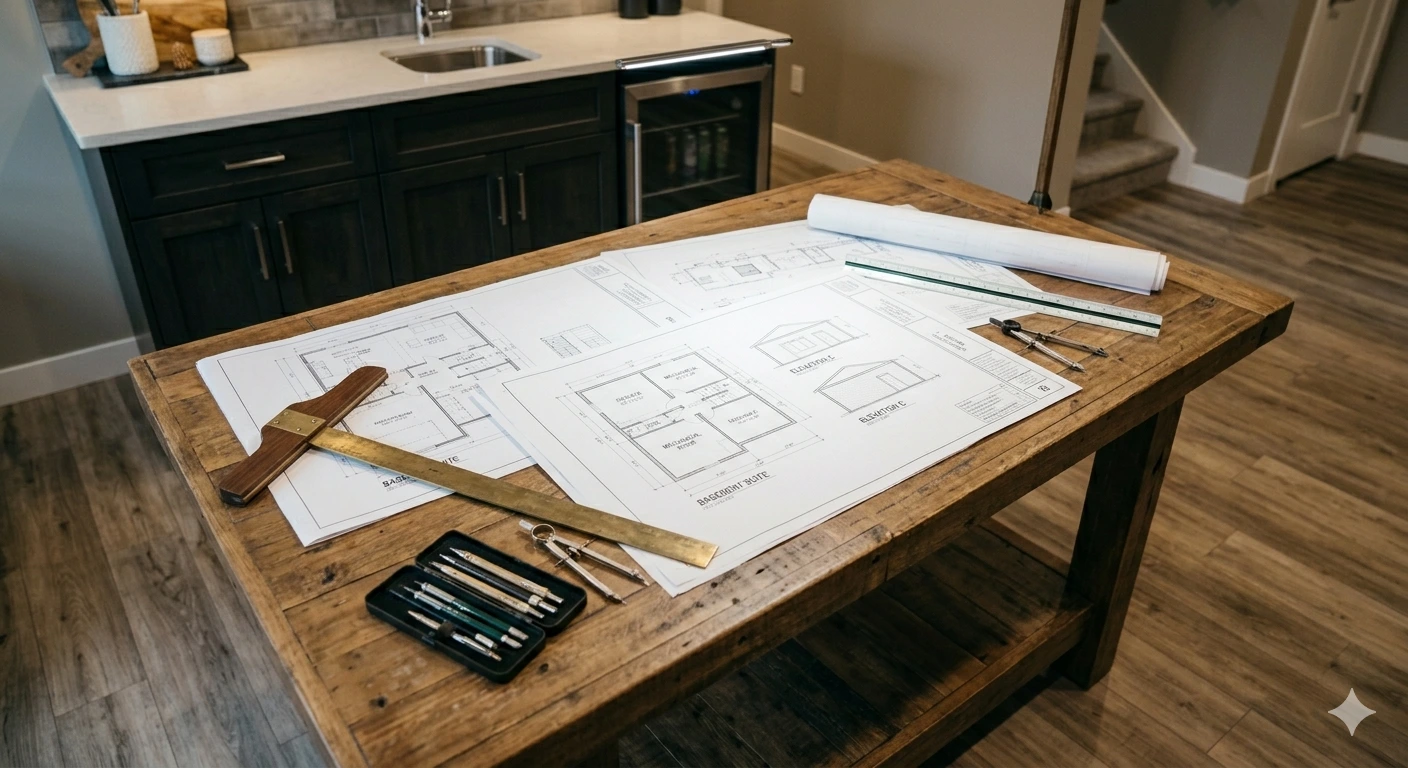 A close-up of a rustic wooden architect's table in a basement, featuring physical blueprints, a T-square, and drafting tools, with a modern kitchenette in the background.