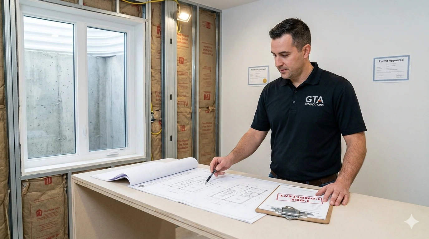 Construction phase of a legal basement suite in a GTA home, showing the installation of a large egress window and fire-rated insulation for building code compliance.