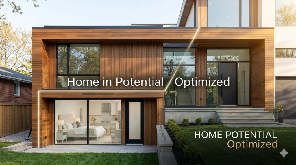 A high-end secondary suite with a modern open-concept design, premium finishes, and a private entrance, shown integrated into a luxury full home renovation project in the GTA.