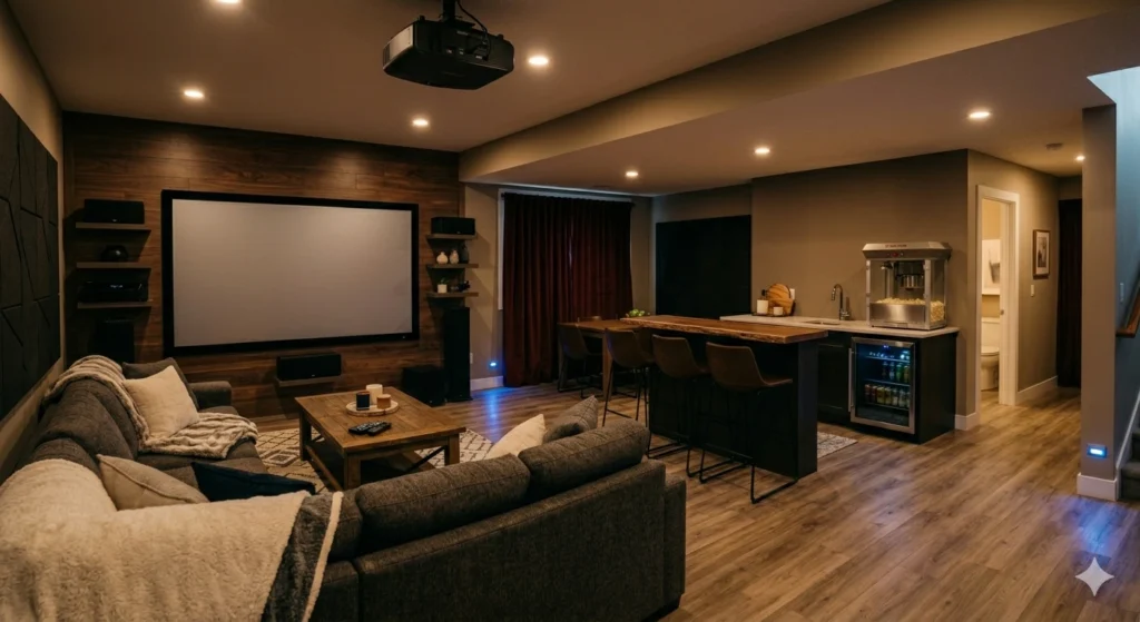 A luxurious home theater room created in a basement, featuring a large screen on a rich walnut wall and specialized lighting, with a bar counter in the background.