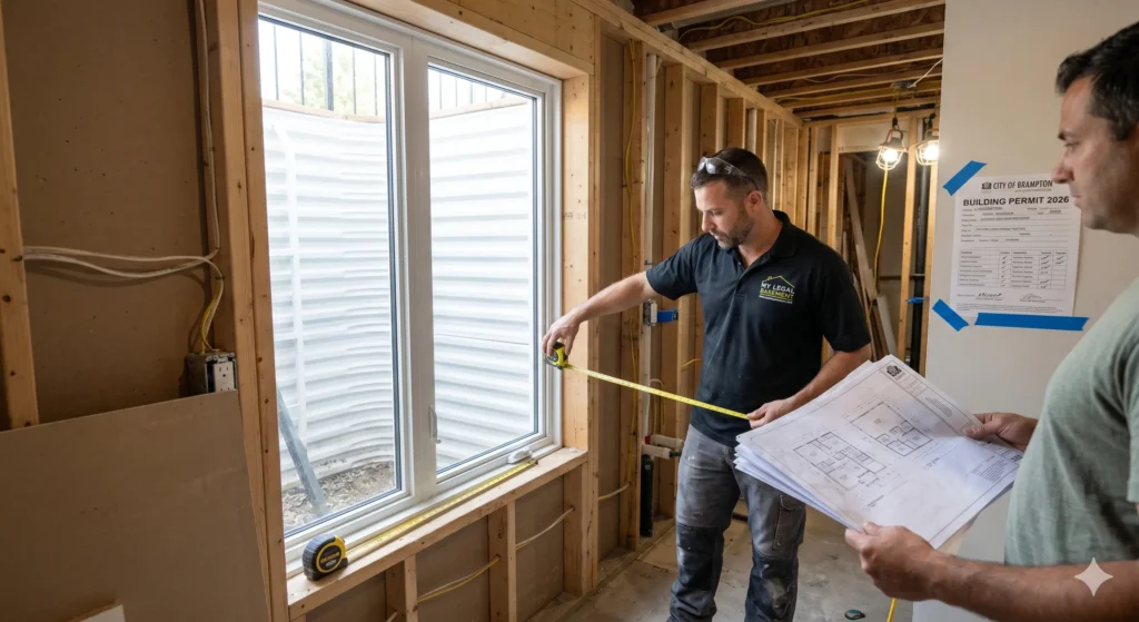 basement egress window installation gta permits A construction worker installing a large egress window in a GTA basement, displaying the 2026 building permit and architectural drawings required for legalization.