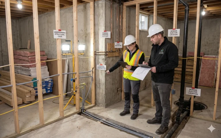 A professional contractor and building inspector reviewing a detailed cost plan and architectural drawings for a GTA basement renovation.