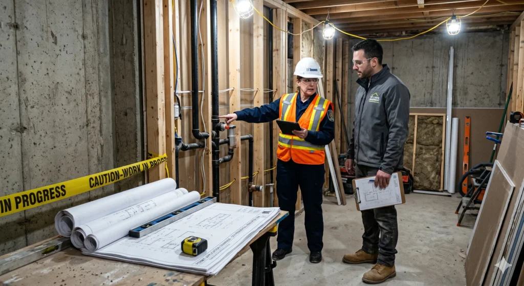 A professional contractor and building inspector reviewing architectural drawings in a GTA basement renovation site to ensure permit compliance.