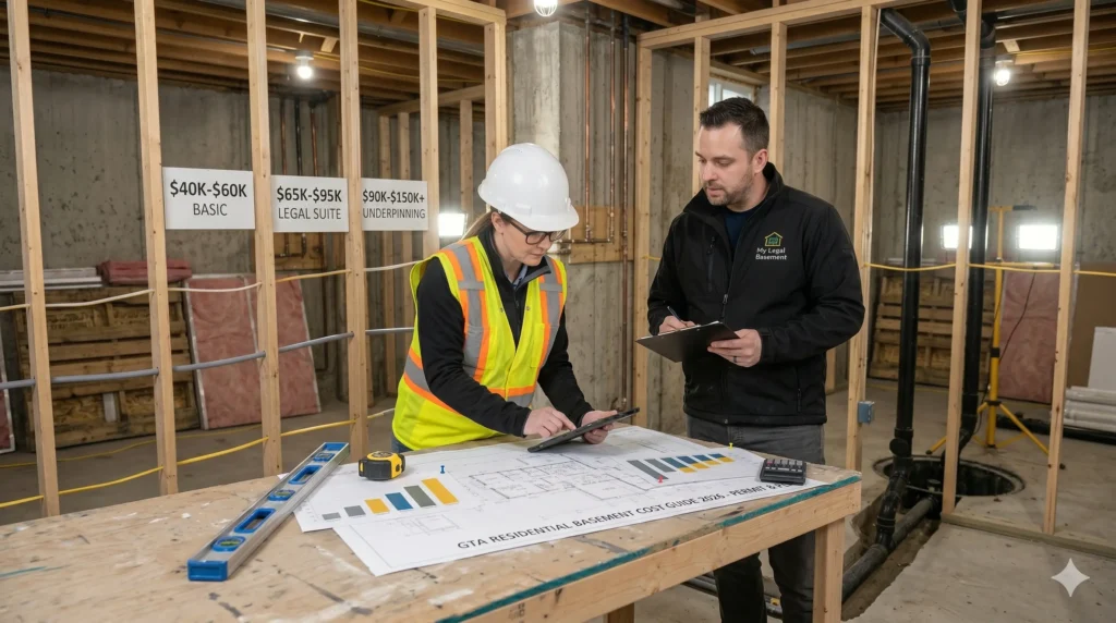 Structural underpinning and foundation work being inspected to determine renovation costs for a legal basement suite in the GTA.