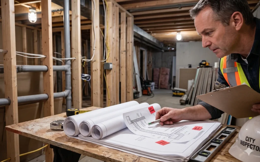 A municipal building inspector reviews renovation blueprints on a residential construction site in the GTA.