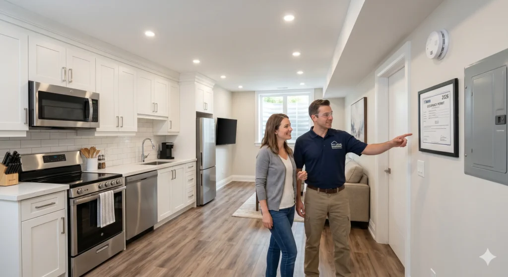 A modern, brightly lit legal basement apartment in Toronto featuring a full kitchen and compliance with 2026 Ontario Building Code.