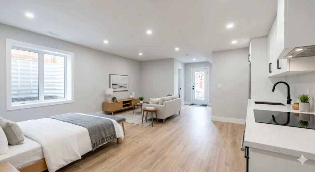 A bright, modern legal basement apartment in Ontario featuring a compliant open-concept kitchen, living area, and bedroom with professional lighting.