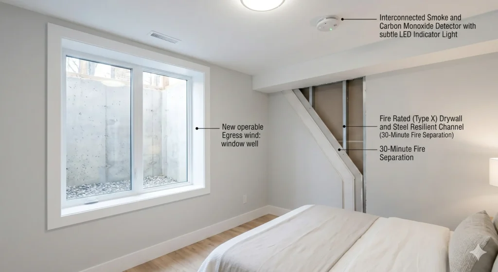 Close-up of a basement bedroom interior showing a large legal egress window and a wall cross-section illustrating required fire separation and smoke detectors.
