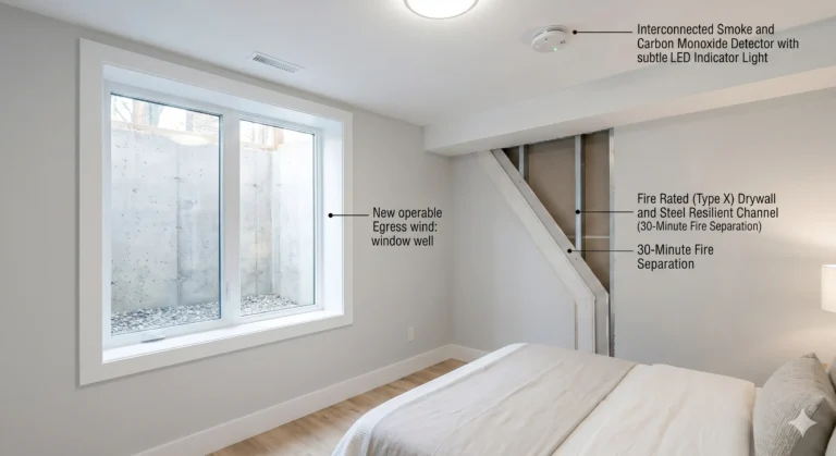 Close-up of a basement bedroom interior showing a large legal egress window and a wall cross-section illustrating required fire separation and smoke detectors.